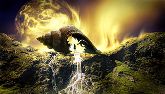 Surreal fantasy landscape with giant shell and waterfall