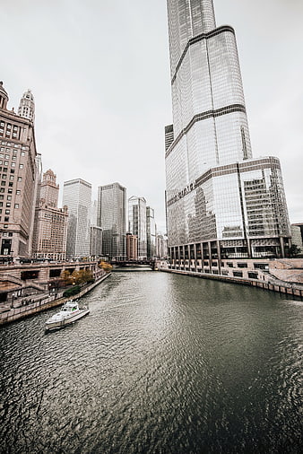Chicago River Skyline with Trump Tower and Boat