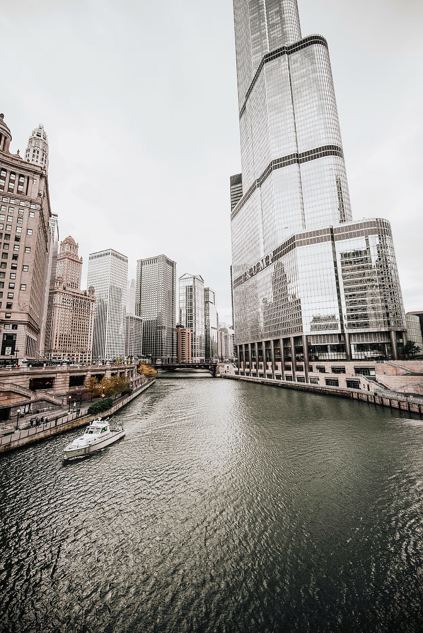 Chicago River Skyline with Trump Tower and Boat