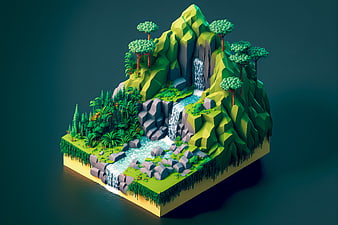 Isometric 3D Render of Floating Tropical Island with Waterfall