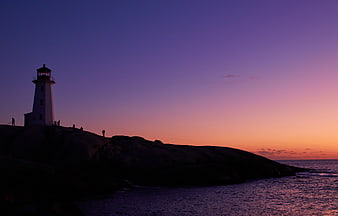 Silhouette of Lighthouse on Rocky Coast at Sunset