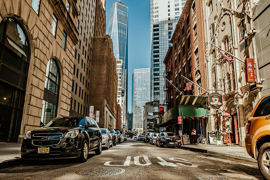 New York City Street with Skyscrapers and Parked Cars