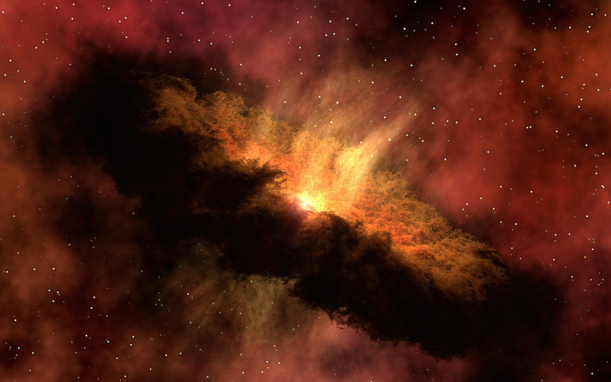 Red and Orange Galaxy Illustration with Dark Nebula