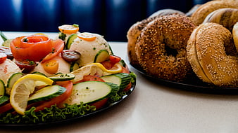 Fresh Bagel Breakfast with Smoked Salmon and Vegetable Platter