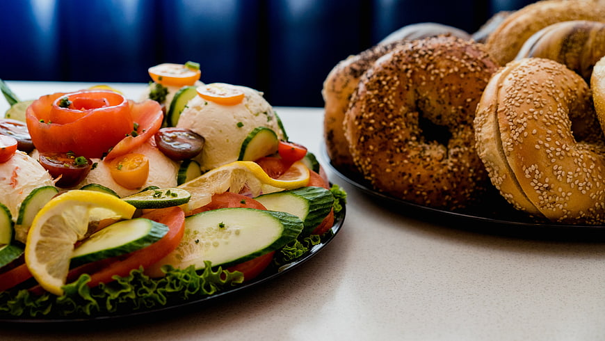 Fresh Bagel Breakfast with Smoked Salmon and Vegetable Platter