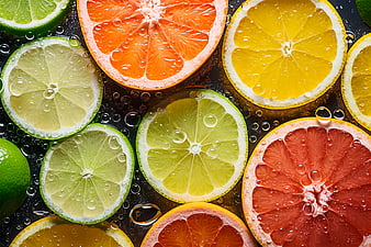 Fresh Sliced Citrus Fruits with Water Droplets on Dark Background