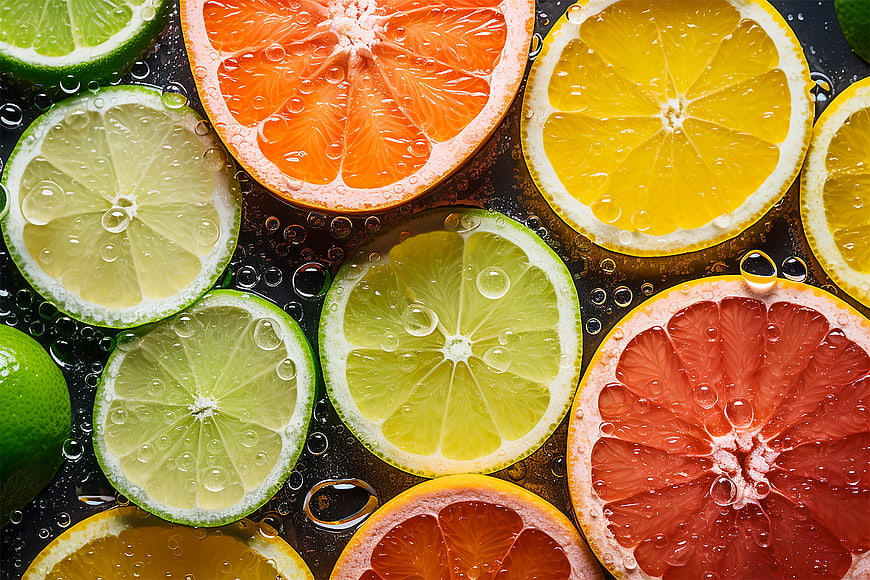 Fresh Sliced Citrus Fruits with Water Droplets on Dark Background