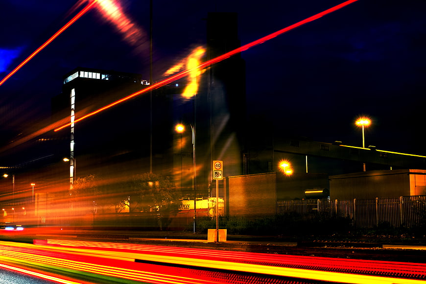 Abstract Red and Yellow Light Trails on Urban Road at Night
