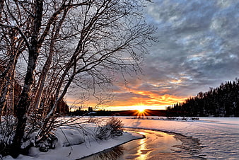 Winter sunset over frozen river with birch trees