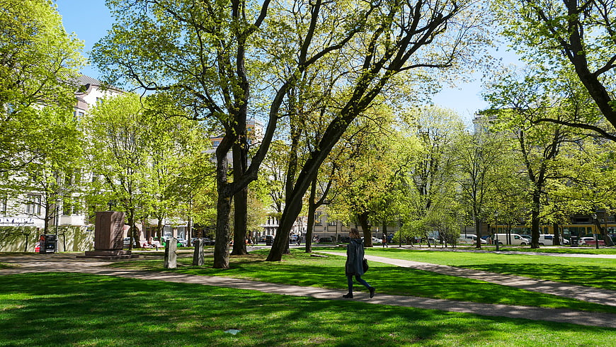 Woman Walking on Path in Green Urban Park