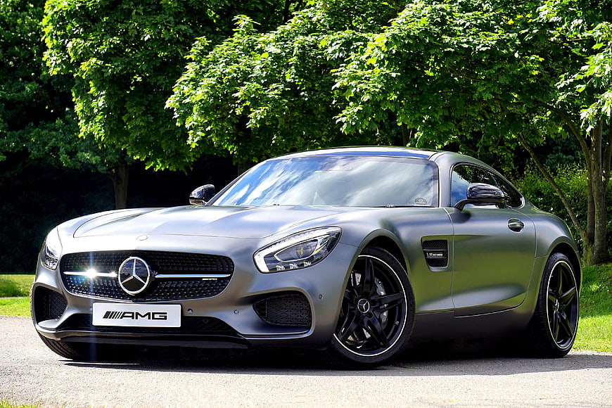 Silver Mercedes-AMG GT Sports Car in Nature