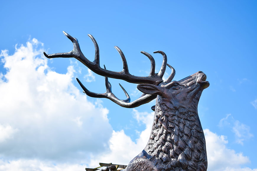 Bronze Stag Statue Head Against Blue Sky