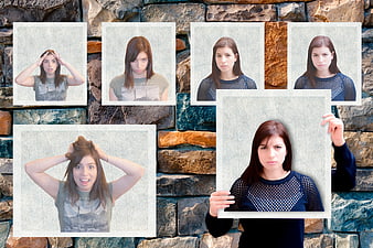 Collage of woman expressing frustration and anger against stone wall