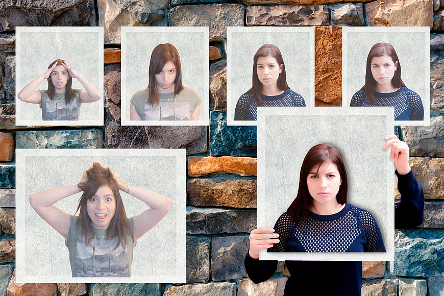Collage of woman expressing frustration and anger against stone wall