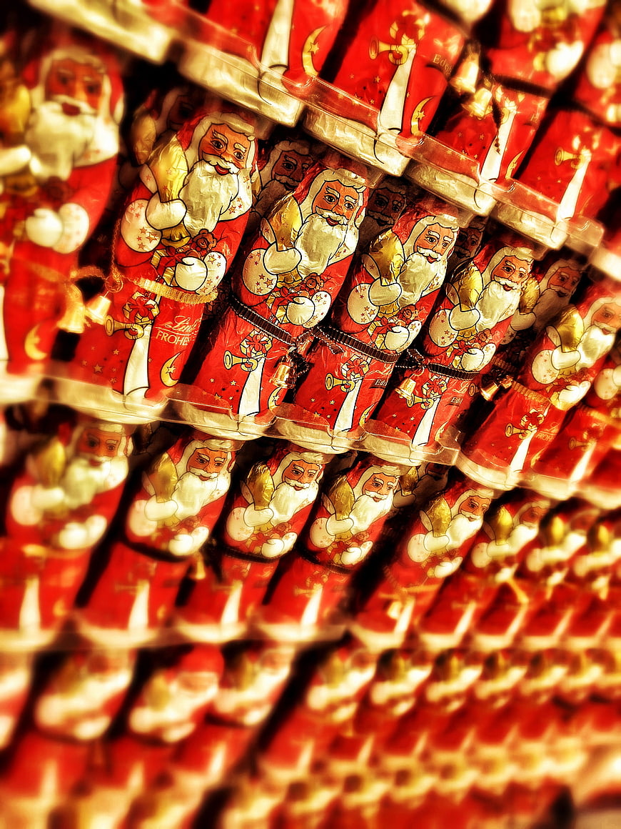 Rows of Santa Claus Chocolate Figurines for Christmas