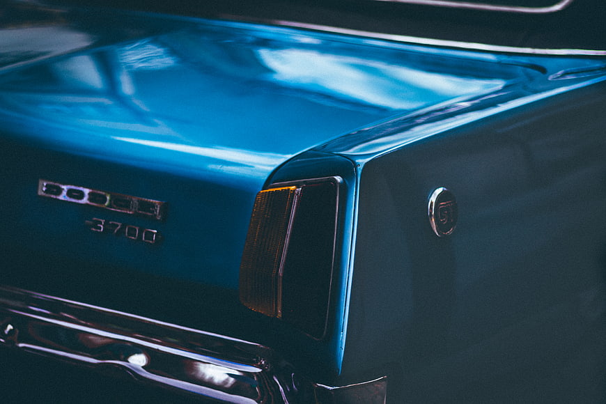 Close-up of classic blue Dodge 3700 GT rear detail