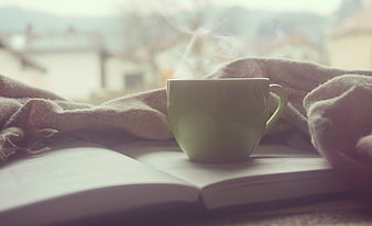 Steaming Green Coffee Cup Resting on Open Book by Window