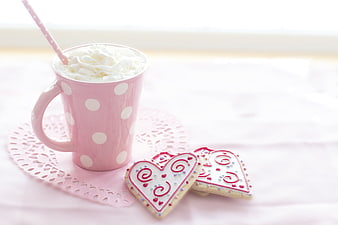Pink Polka Dot Mug with Hot Chocolate and Heart Cookies