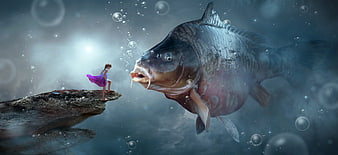 Surreal Fantasy Girl Facing Giant Carp in Underwater Mist