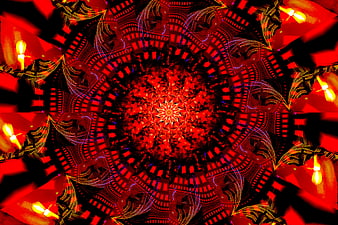 Abstract red kaleidoscope pattern with candle motifs