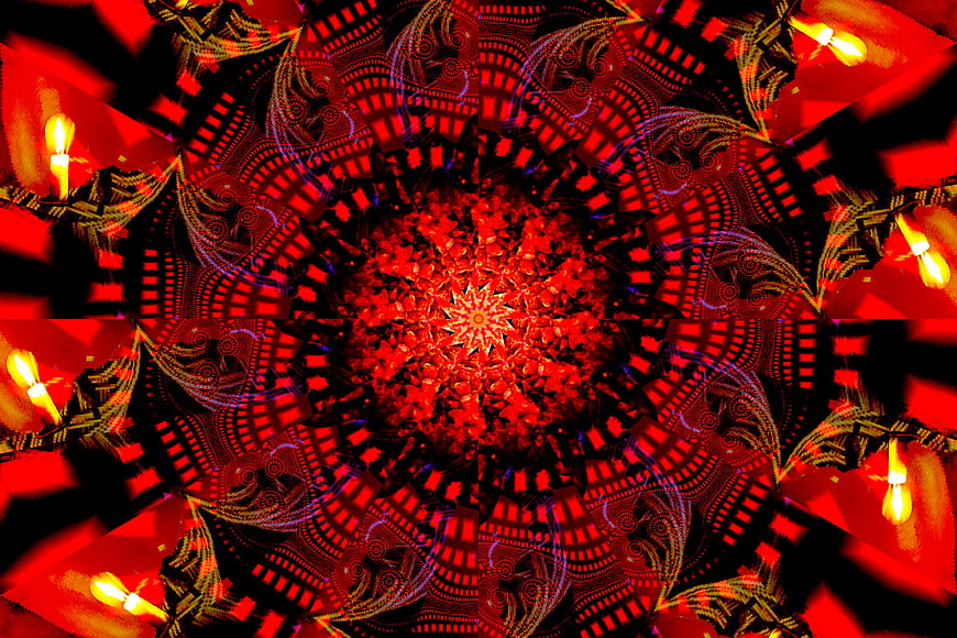 Abstract red kaleidoscope pattern with candle motifs
