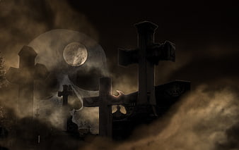 Spooky Halloween Graveyard with Skull and Fog
