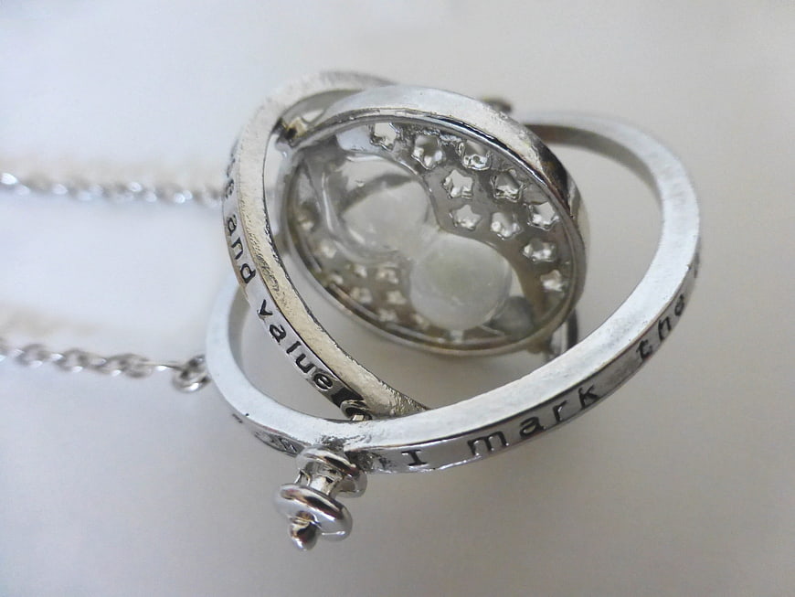 Silver Time Turner Necklace with Engraved Band and Crystal Detail