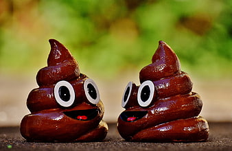 Two cute poop emoji figurines with googly eyes on a blurred background