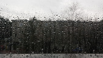 Raindrops on Window Glass with Blurred Autumn Trees Background