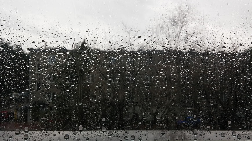 Raindrops on Window Glass with Blurred Autumn Trees Background