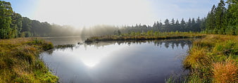 Panoramic misty lake landscape with morning sun rays