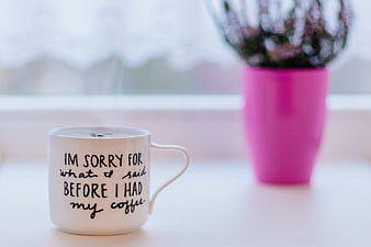 Funny Coffee Mug with Apology Quote on White Table