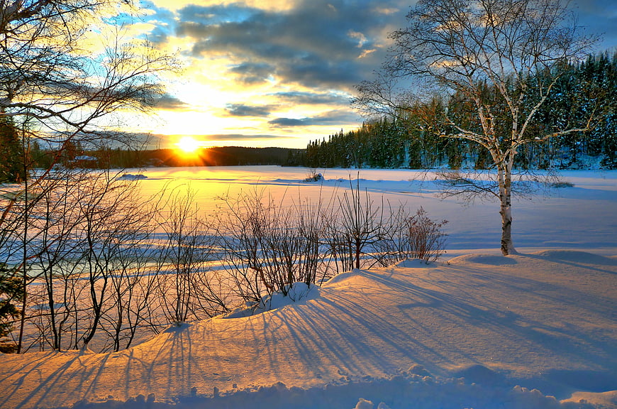 Winter sunset over a frozen lake with birch trees and snow