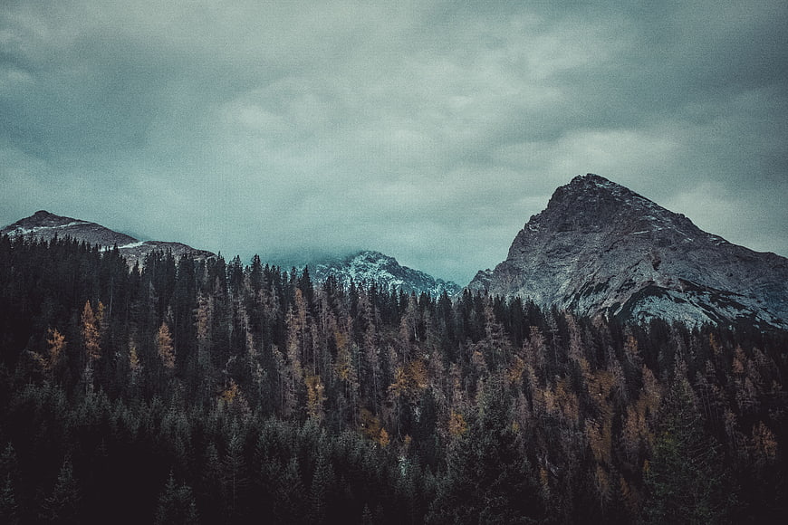 Moody Autumn Mountain Landscape with Forest and Cloudy Sky