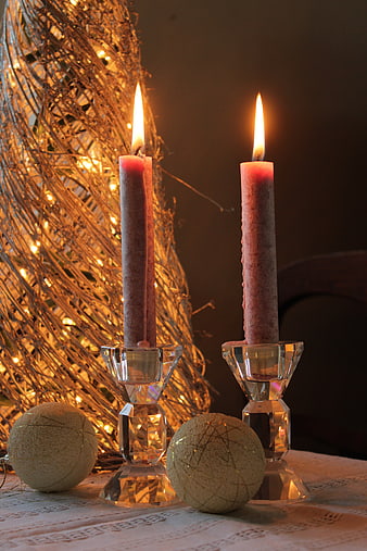 Lit Advent Candles in Crystal Holders with Christmas Decor