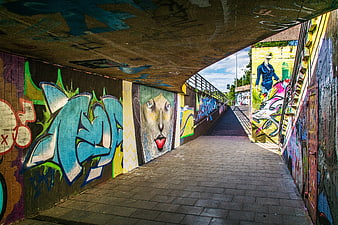 Colorful graffiti art in urban underpass tunnel