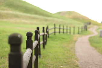 Rustic wooden fence along a winding path in green rolling hills