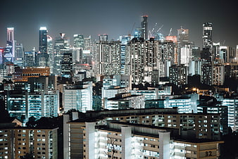 Singapore City Skyline at Night with HDB Flats