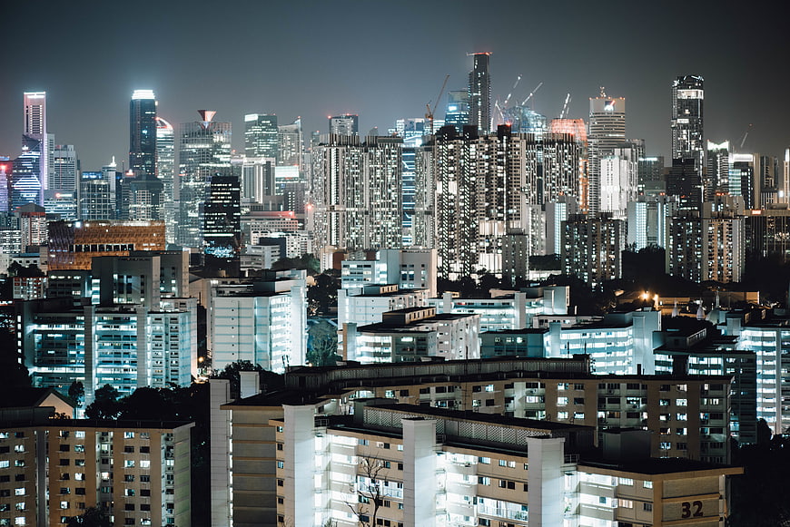 Singapore City Skyline at Night with HDB Flats