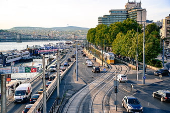 Budapest Danube River Traffic and Tram Cityscape