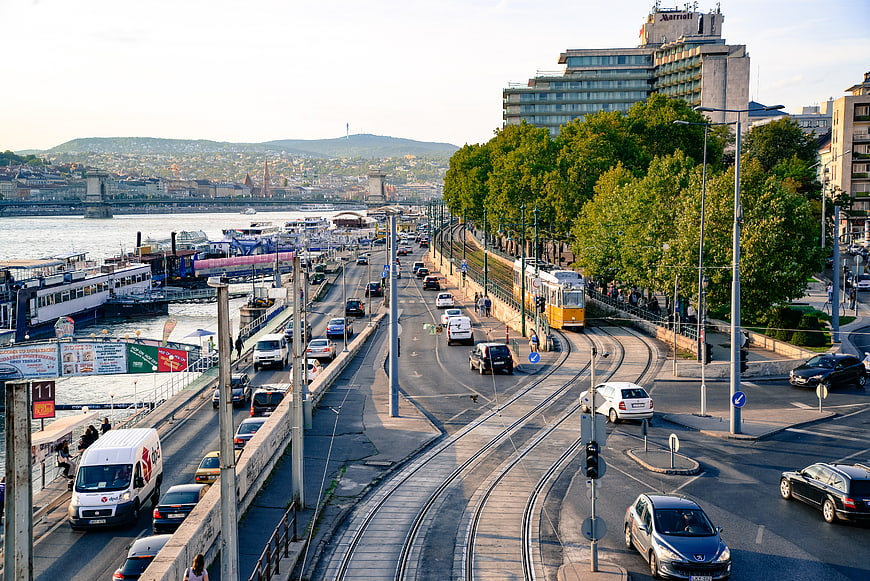 Budapest Danube River Traffic and Tram Cityscape