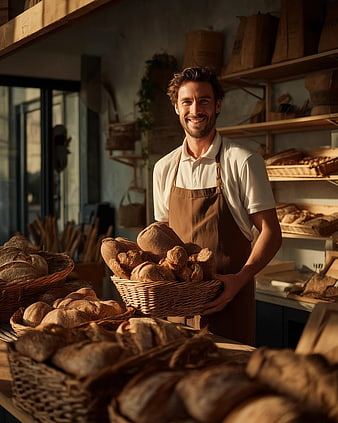 Smiling Baker Holding Basket of Fresh Artisan Bread