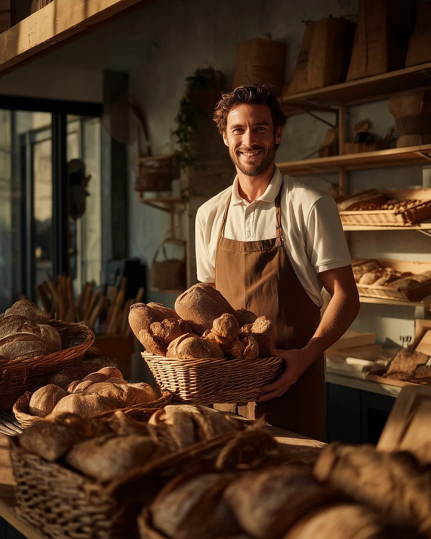 Smiling Baker Holding Basket of Fresh Artisan Bread