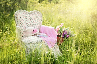 Vintage Floral Chair in Sunny Meadow with Pink Blanket