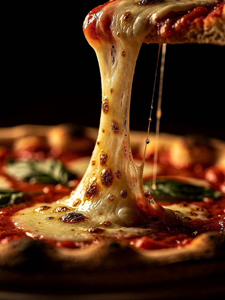 Close-up of Melted Mozzarella Cheese Pulling from Pizza Slice