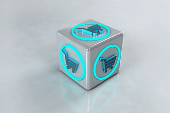 3D Cube With Glowing Cyan Ecommerce Shopping Cart Icons
