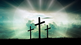 Three Crosses Silhouette Against Dramatic Cloudy Sky
