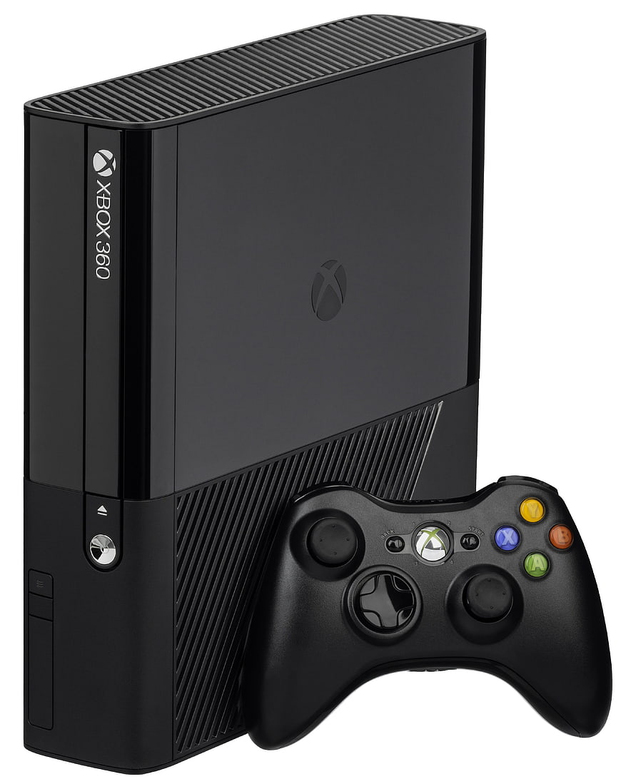 Black Xbox 360 Console and Controller on White Background