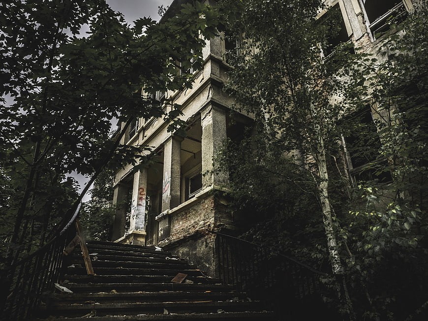 Abandoned Dilapidated Building Overgrown with Trees