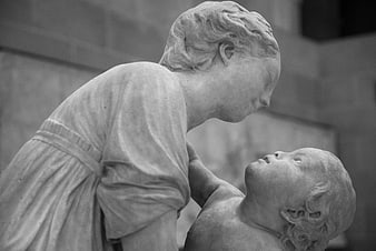 Black and White Sculpture of Mother and Child